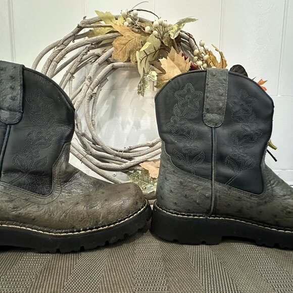 WOMENS ROPER DARK GREEN & BLACK OSTRICH LEATHER FLORAL WESTERN COWBOY BOOTS - Picture 3 of 5